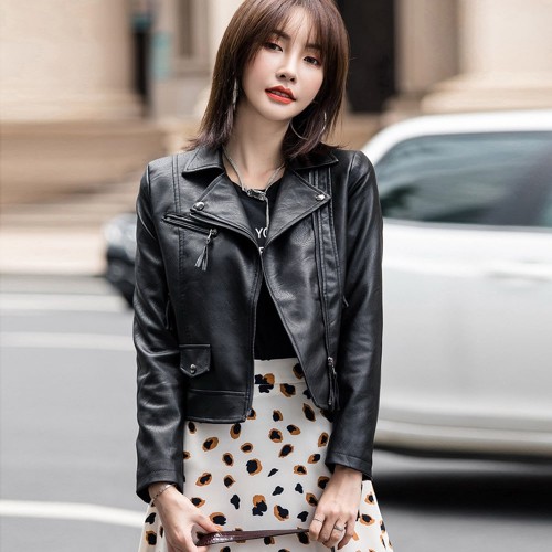 Front Zip Short Length Biker Style Leather Jacket - Black image
