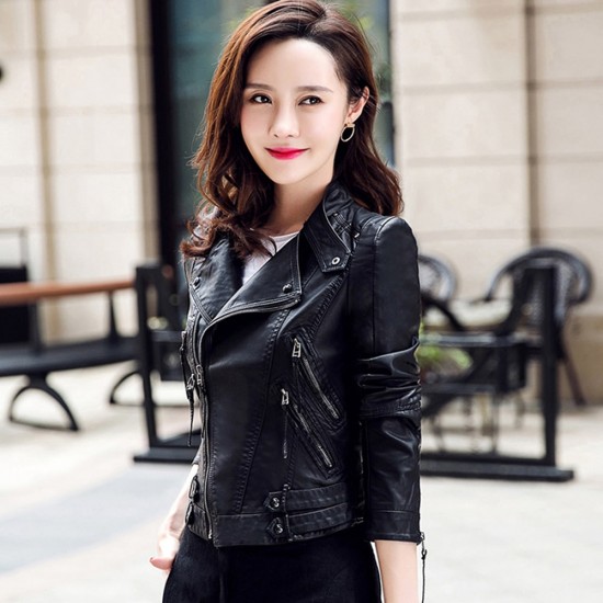 Body Fit Design Full Sleeves Trendy Leather Jacket - Black image