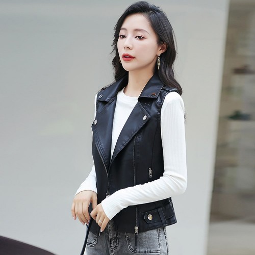 Sleeveless Front Zip Slim Fit Design Leather Jacket - Black image