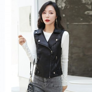 Sleeveless Front Zip Slim Fit Design Leather Jacket - Black