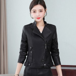 Full Sleeves Stand Up Collar Leather Fashion Jacket - Black