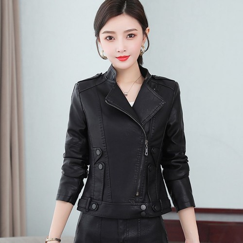 Full Sleeves Stand Up Collar Leather Fashion Jacket - Black image