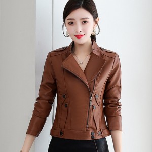 Full Sleeves Stand Up Collar Leather Fashion Jacket - Brown