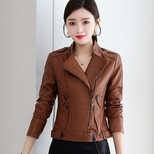 Full Sleeves Stand Up Collar Leather Fashion Jacket - Brown image