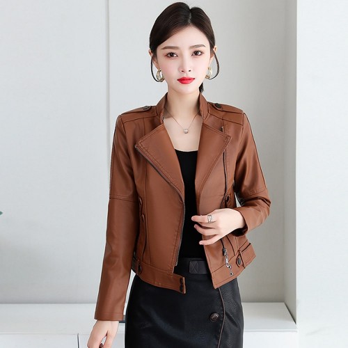 Full Sleeves Stand Up Collar Leather Fashion Jacket - Brown image