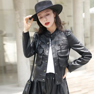 Front Button Closure Full Sleeves Leather Jacket - Black