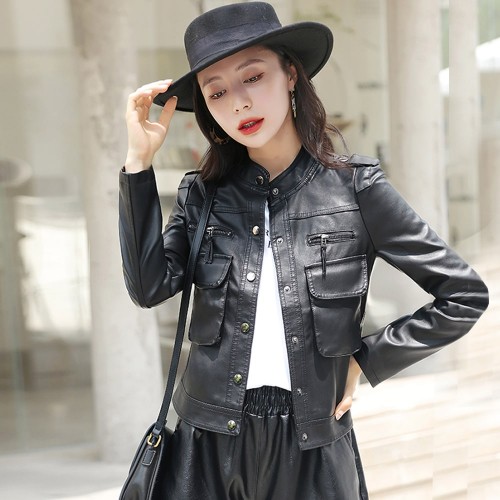 Front Button Closure Full Sleeves Leather Jacket - Black image