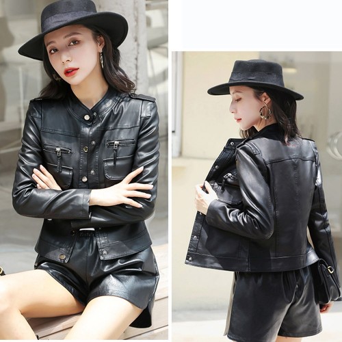 Front Button Closure Full Sleeves Leather Jacket - Black image