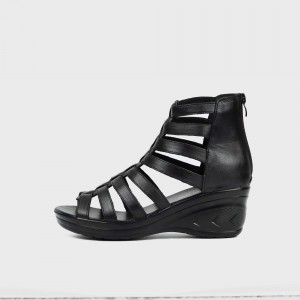 Women Fashion Thick Bottom Fish Mouth Leather Shoes-Black