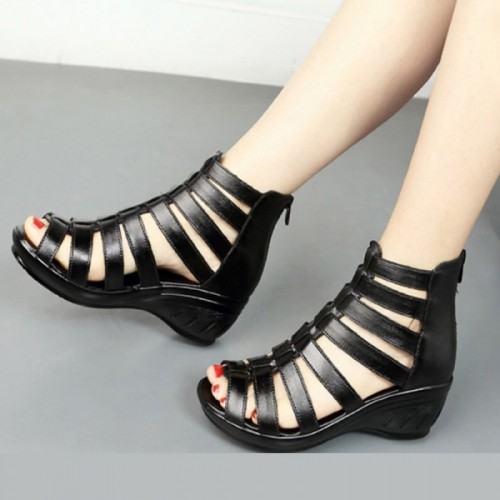 Women Fashion Thick Bottom Fish Mouth Leather Shoes-Black image