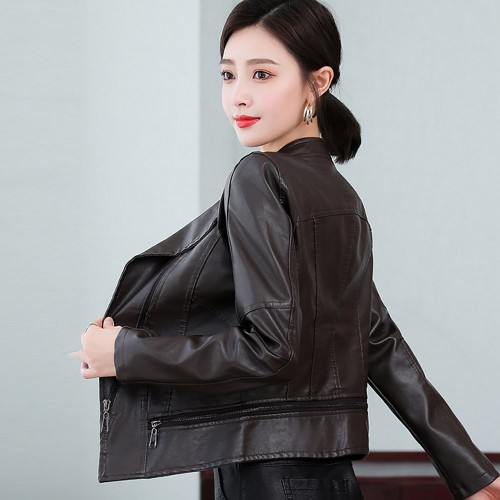  Biker Style Stand Up Collar Short Leather Jacket - Black image