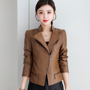  Biker Style Stand Up Collar Short Leather Jacket - Brown