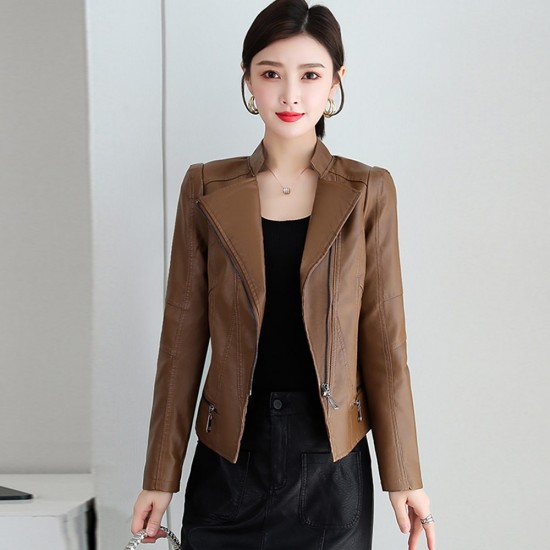  Biker Style Stand Up Collar Short Leather Jacket - Brown image