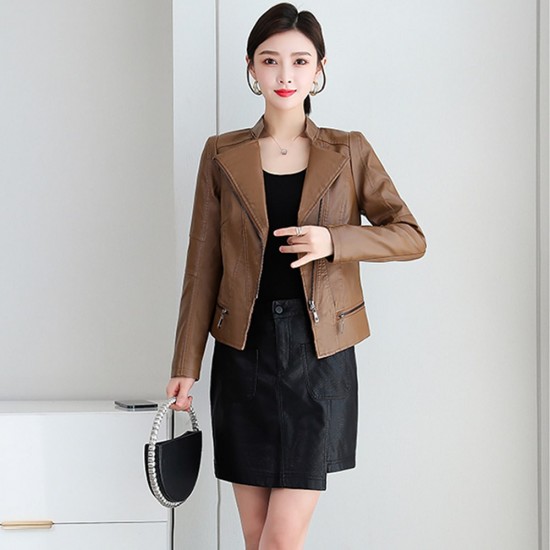  Biker Style Stand Up Collar Short Leather Jacket - Brown image