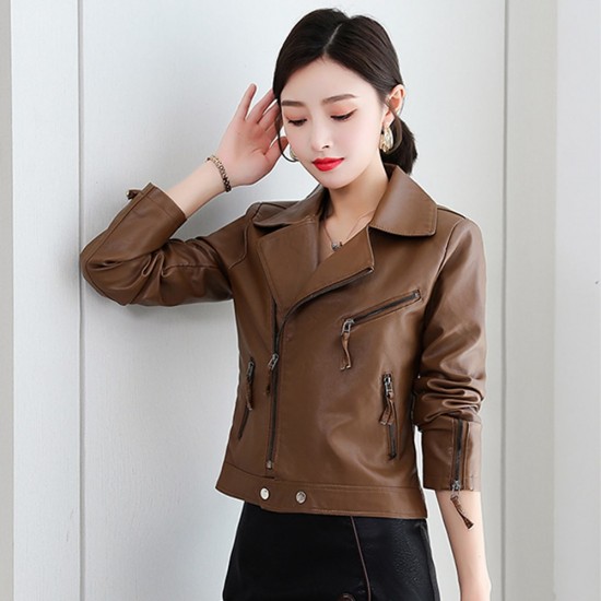 Zip Front Full Sleeved Casual PU Leather Jacket- Brown image