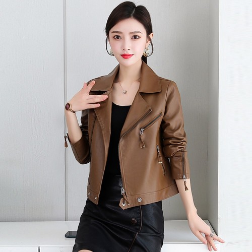 Zip Front Full Sleeved Casual PU Leather Jacket- Brown image