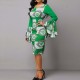 Round Neck Bell Sleeves Midi Skirt Casual Dress - Green image