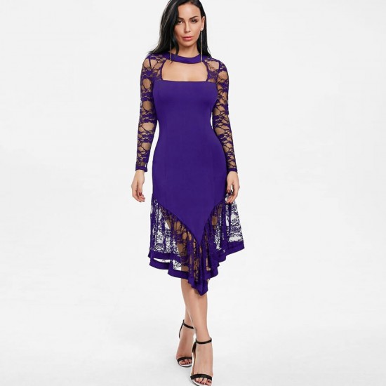 Trendy High Waist Slim Lace Stitching Cocktail Party Dress - Purple image