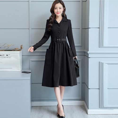 Classic Collared Lapel Waist Belted Mid Skirt Dress - Black image