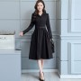 Classic Collared Lapel Waist Belted Mid Skirt Dress - Black