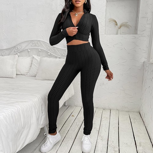 Full Sleeve Knitted Texture Two Piece Sportswear - Black image