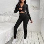 Full Sleeve Knitted Texture Two Piece Sportswear - Black