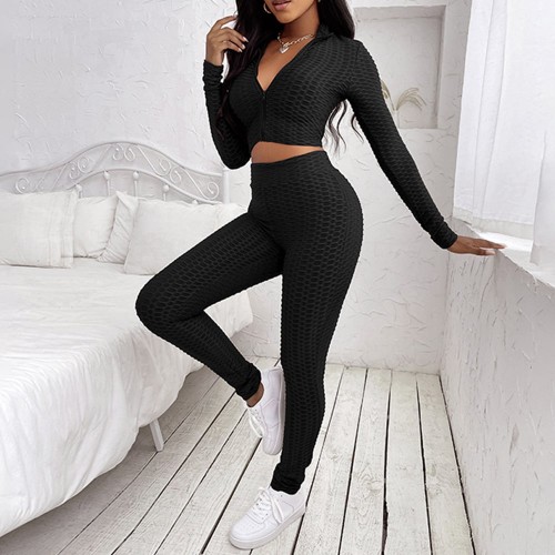 Full Sleeve Knitted Texture Two Piece Sportswear - Black image