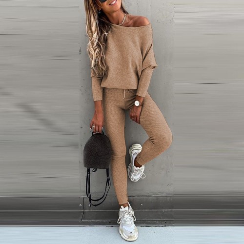 Simple Full Sleeve Women Two Piece Tracksuit Set- Brown image