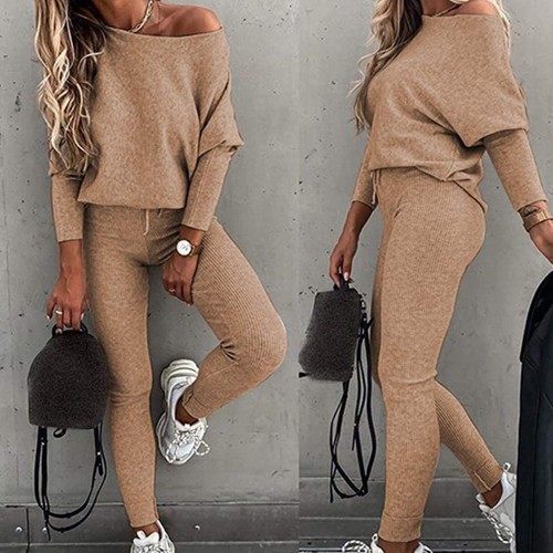 Simple Full Sleeve Women Two Piece Tracksuit Set- Brown image
