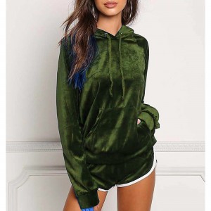 Full Sleeved Velvet Hooded Two Piece Short Hoodie Set - Green