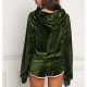 Full Sleeved Velvet Hooded Two Piece Short Hoodie Set - Green image