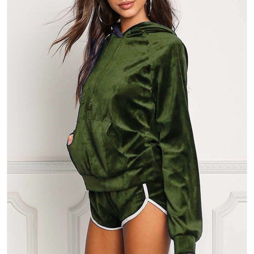 Full Sleeved Velvet Hooded Two Piece Short Hoodie Set - Green image