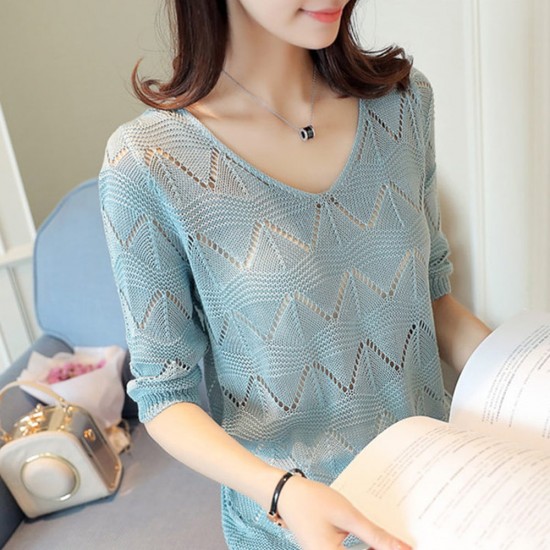 V Neck Short Sleeves Knitted Winter Top - Blue | Image