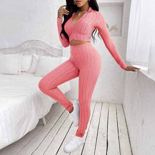 Full Sleeve Knitted Texture Two Piece Sportswear - Pink image