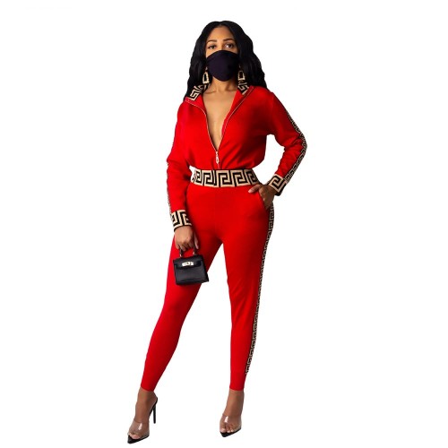 Designer Style Printed Two Piece Winter Sportswear Set- Red image
