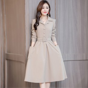 Classic Collared Lapel Waist Belted Mid Skirt Dress - Cream