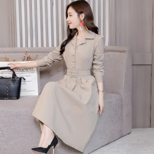 Classic Collared Lapel Waist Belted Mid Skirt Dress - Cream image