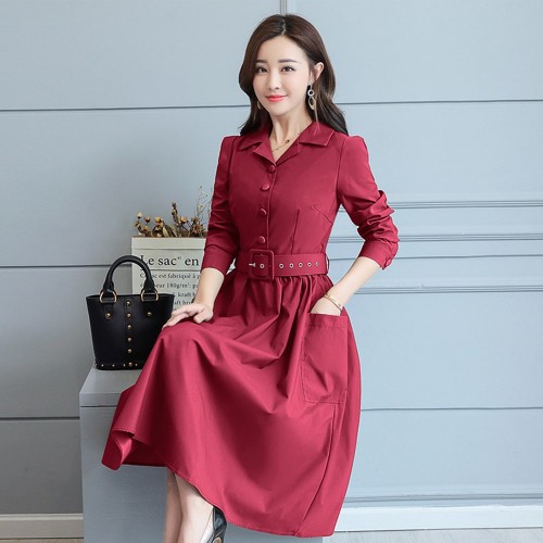 Classic Collared Lapel Waist Belted Mid Skirt Dress - Red image