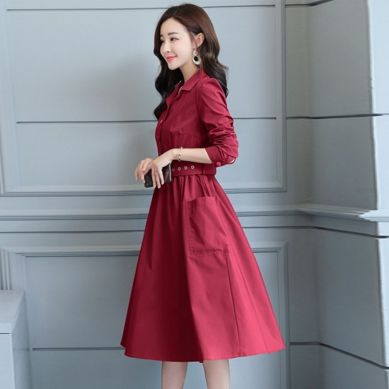 Classic Collared Lapel Waist Belted Mid Skirt Dress - Red image