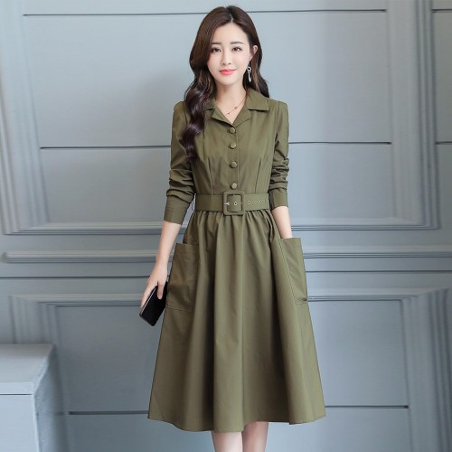 Classic Collared Lapel Waist Belted Mid Skirt Dress - Green image