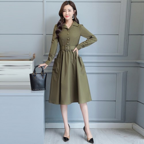 Classic Collared Lapel Waist Belted Mid Skirt Dress - Green image