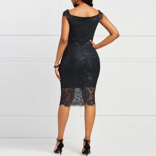Off Shoulder Body-con Knee Length Women's Lace Dress - Black image