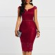 Off Shoulder Body-con Knee Length Women's Lace Dress - Red image