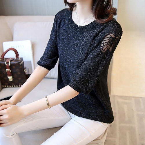 Short Sleeve Round Collar Knitted Winter Top - Black image