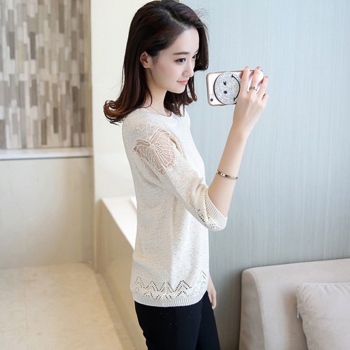 Short Sleeve Round Collar Knitted Winter Top - White image