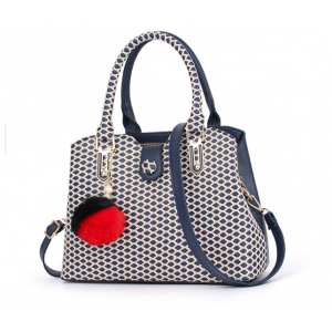Trendy Weave Pattern Furry Ball Hanging Shoulder Bag -Blue