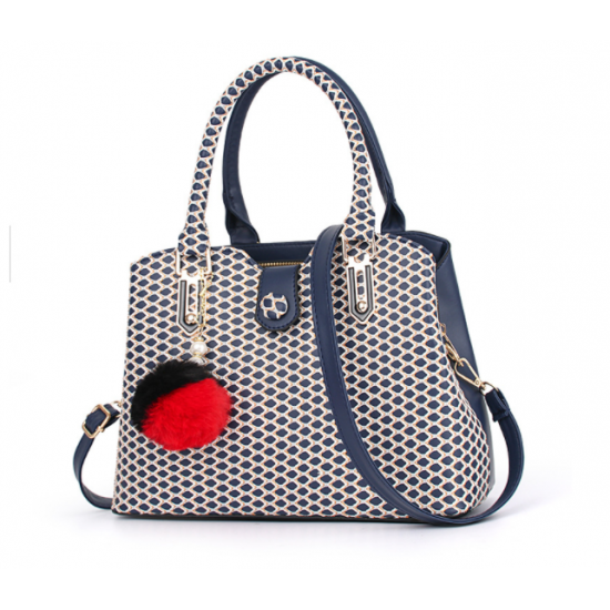 Trendy Weave Pattern Furry Ball Hanging Shoulder Bag -Blue image