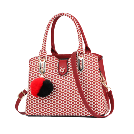 Trendy Weave Pattern Furry Ball Hanging Shoulder Bag - Red image