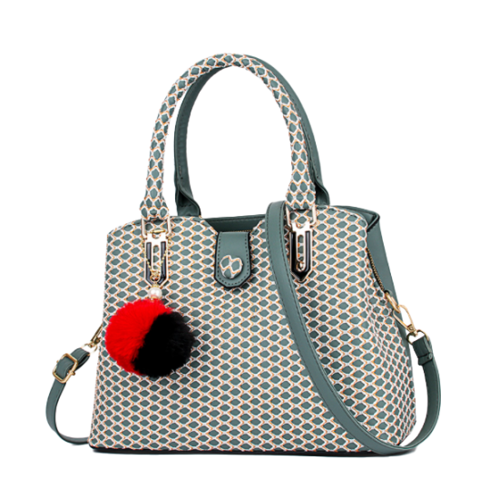 Trendy Weave Pattern Furry Ball Hanging Shoulder Bag -Green image