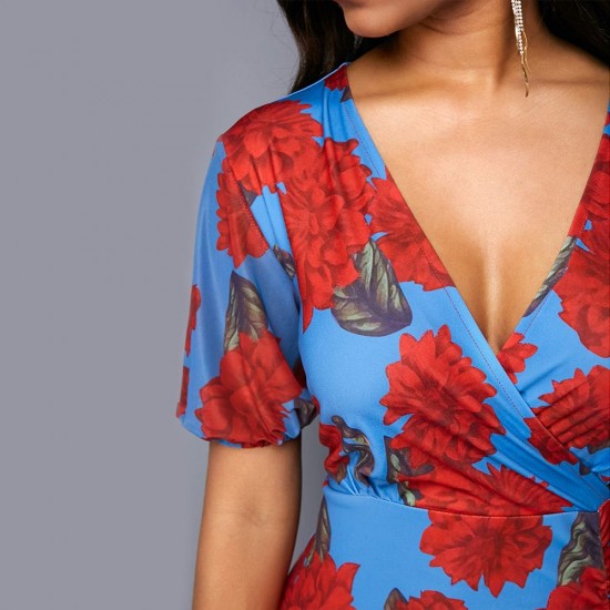  V-Neck Hip Fitted Floral Short Sleeve Midi Dress - Blue image